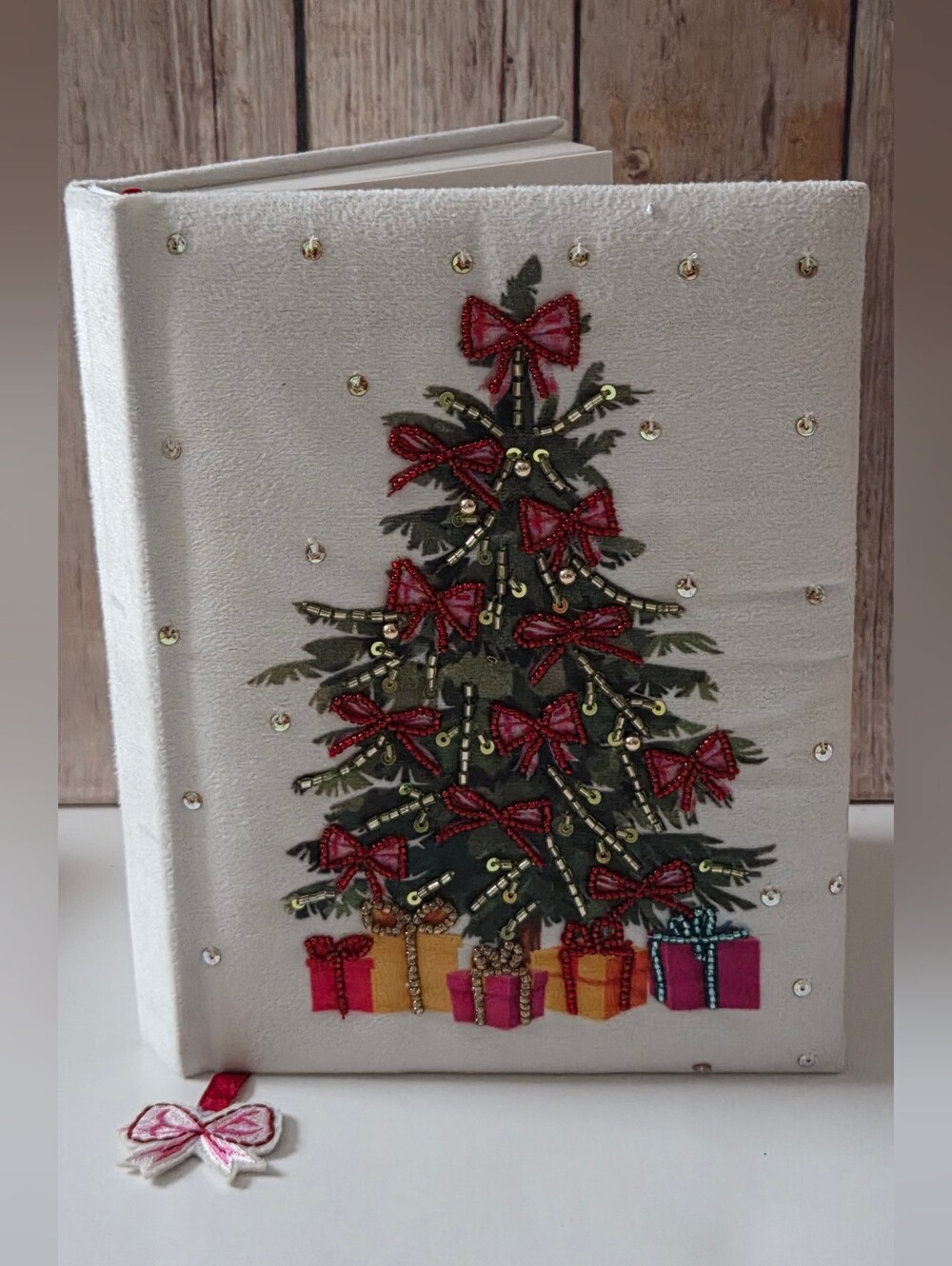 Holiday Velvet Journal with Embellished Christmas Tree Bookmark Included